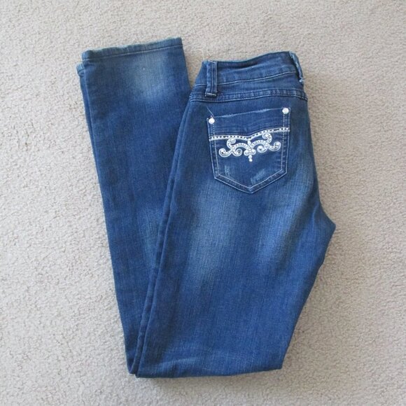 Liuces Distressed Womens Jeans Size 5 Denim Rhinestone Pockets Pants Juniors - Picture 1 of 11